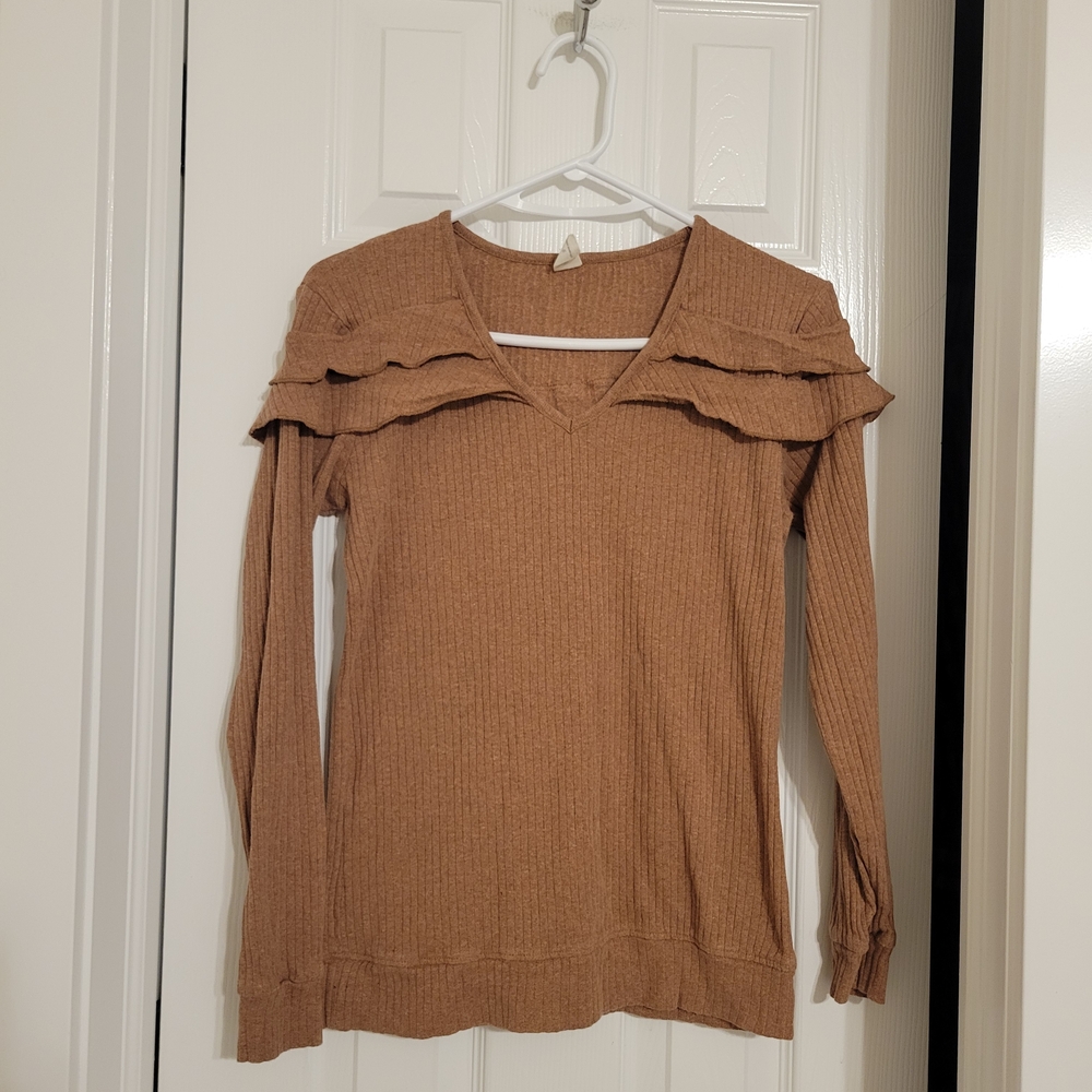 Tan Ruffled Long Sleeve Top Size S